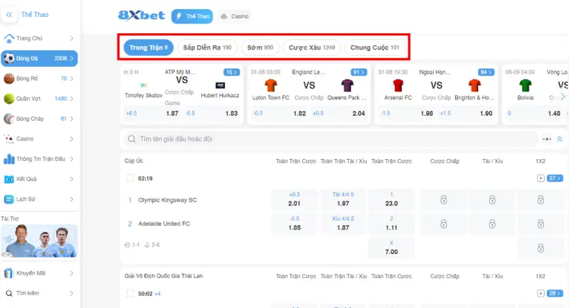 Chọn trận đấu để đặt cược 8xbet